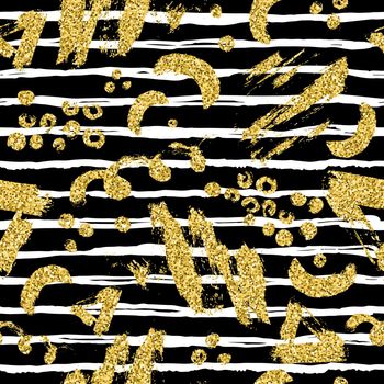 Modern seamless pattern with gold glitter brush stripe, blot and spot. Golden, white color on black background. Hand painted metallic texture. Shiny spark elements. Fashion modern style. Repeat print