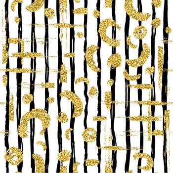 Modern seamless pattern with gold glitter brush stripe, blot and spot. Golden, black color on white background. Hand painted metallic texture. Shiny spark elements. Fashion modern style. Repeat print