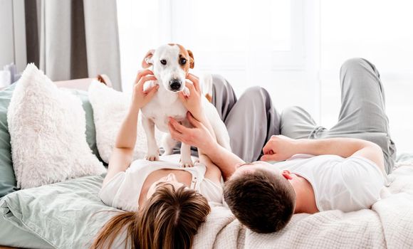 Beautiful family with cute dog in the bed in the room with sunlight. Concept of happy family and love. Young woman and man petting their pet in morning and enjoying time together