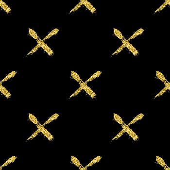 Modern seamless pattern with brush shiny cross. Gold metallic color on black background. Golden glitter texture. Ink geometric elements. Fashion catwalk style. Repeat fabric cloth print, textile.