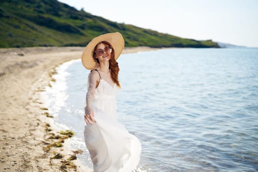 pretty woman with hat on island beach ocean summer fun. High quality photo