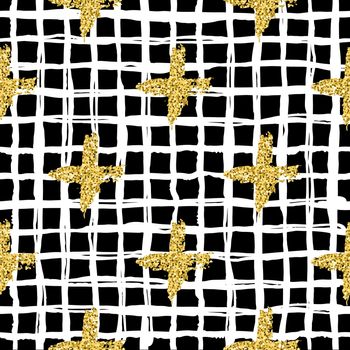 Modern seamless pattern with brush stripes plaid and cross. White, gold metallic color on black background. Golden glitter texture. Ink geometric elements. Fashion catwalk style. Repeat fabric cloth.