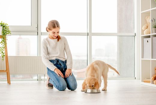 Happy girl on her knees next to eating golden retriever puppy indoors
