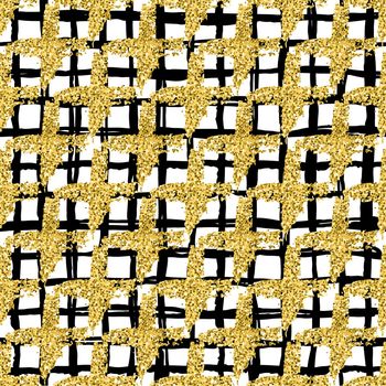 Modern seamless pattern with brush stripes plaid and cross. Black, gold metallic color on white background. Golden glitter texture. Ink geometric elements. Fashion catwalk style. Repeat fabric cloth.