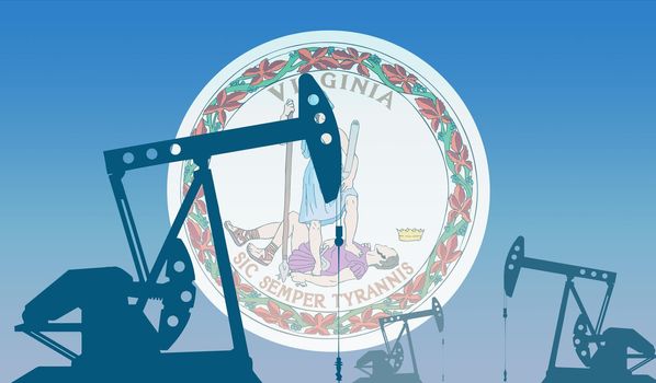 silhouette of oil pump against flag of Virginia state USA. Extraction grade crude oil and gas. concept of oil fields and oil companies, hydrocarbon market, industry