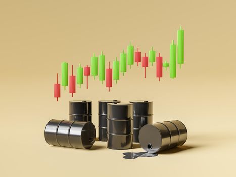 oil barrels with rising candlestick chart. concept of rising oil prices. 3d rendering