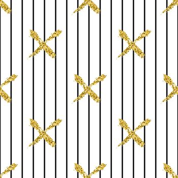 Modern seamless pattern with brush stripes and cross.Black, Gold metallic color on white background. Golden glitter texture. Ink geometric elements. Fashion catwalk style. Repeat fabric cloth print