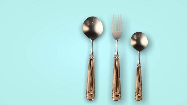 Steel cutlery on a light background, rotation. 3D rendering.