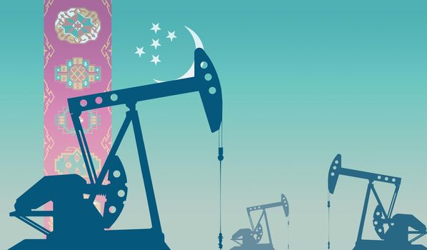 silhouette of the oil pump against flag of Turkmenistan. Extraction grade crude oil and gas. concept of oil fields and oil companies, hydrocarbon market, industry