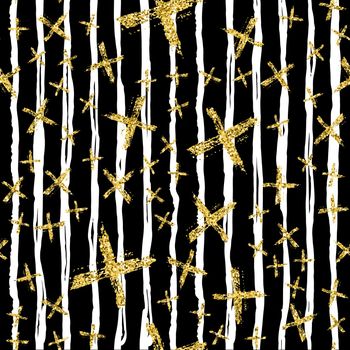 Modern seamless pattern with brush stripes and cross. White, gold metallic color on black background. Golden glitter texture. Ink geometric elements. Fashion catwalk style. Repeat fabric cloth print