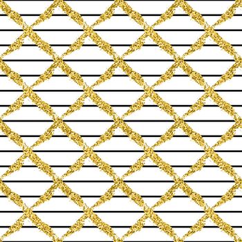 Modern seamless pattern with brush stripes and cross.Black, Gold metallic color on white background. Golden glitter texture. Ink geometric elements. Fashion catwalk style. Repeat fabric cloth print