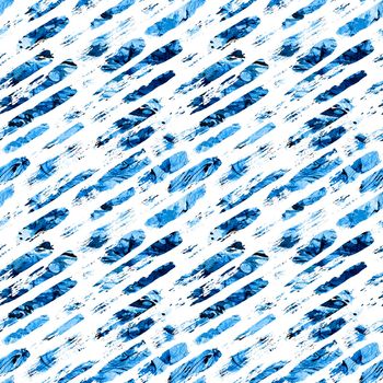 Watercolor seamless pattern with brush stripes and strokes. Blue color on white background. Hand painted grange texture. Ink geometric elements. Fashion modern style. Endless fabric print. Retro