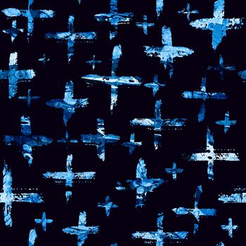 Watercolor seamless pattern with brush cross and strokes. Blue color on dark background. Hand painted grange texture. Ink geometric elements. Fashion modern style. Endless fabric print
