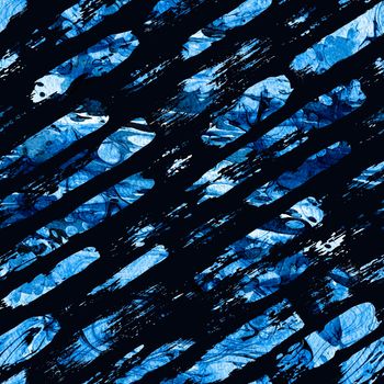 Watercolor seamless pattern with brush stripes and strokes. Blue color on dark background. Hand painted grange texture. Ink geometric elements. Fashion modern style. Endless fabric print. Retro