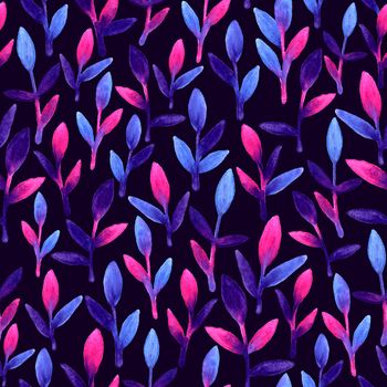 Simple and cute floral seamless pattern. Pink, blue and violet spring leaves hand painted with watercolor. Nature drawing leaf on dark background. Art bright backdrop wallpaper. Beautiful colors brush,