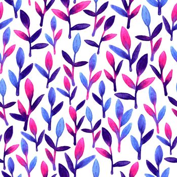 Simple and cute floral seamless pattern. Pink, blue and violet spring leaves hand painted with watercolor Nature drawing leaf on white background Art bright backdrop wallpaper. Beautiful colors brush