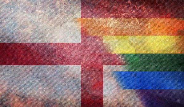 Top view of national lgbt retro flag of England with grunge texture, no flagpole. Plane design, layout. Flag background. Freedom and love concept, Pride month. activism, community and freedom