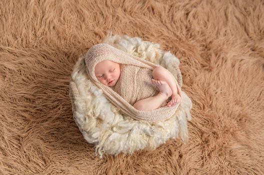 sweet sleeping swaddled newborn on fluffy terry blanket, top view