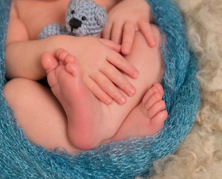 Little toes and fingers of a newborn sleeping with his toy, closeup