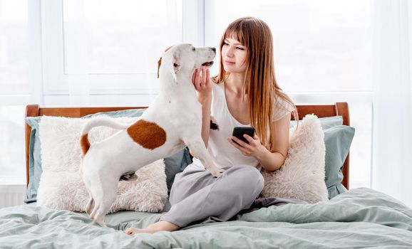 Attractive girl sitting in the bed holding smartphone in her hands and looking at cute dog. Young beautiful woman with pet and phone in morning time in the bedroom