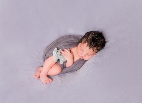 Wrapped up baby sleeping on his side with a lovely toy of a gray cat