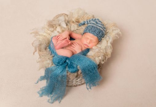 Infant in a knitted blue har resting in sweet pose in a basket