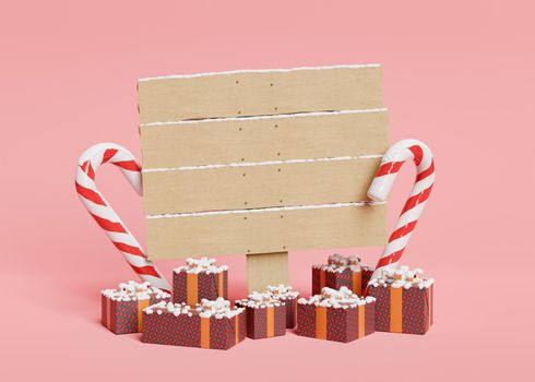 snow covered wooden plank sign with gifts and candy canes around. christmas concept. 3d rendering