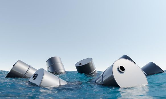 oil barrels floating on the surface of the sea. concept of pollution, environment, environmentalism. 3d rendering