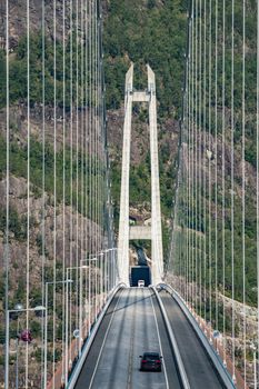 Hardanger Bridge. Hardangerbrua connecting two sides of Hardangerfjorden. Norway Hardangerfjord Hardanger bridge. newly built Hardangerbrua bridge close to Ulvik in Western Norway.