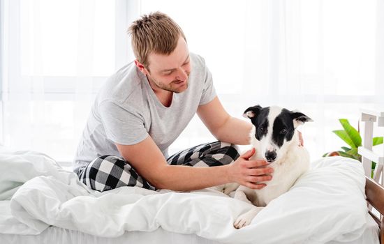 Man sitting in the bed with cute dog and petting him. Attractive guy with pet in the morning time in the sunny bedroom with scandinavian interior. Human and doggy animal friendship