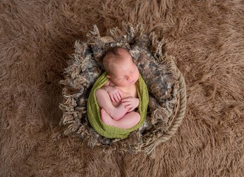 Adorable baby wrapped in a green scarf, sleeping curled un in a furry basket, topshot