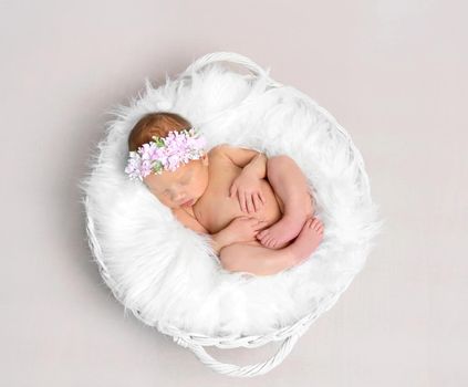 Baby girl with a flowery hairband sleeping on pillow naked, in a baby basket, topshot
