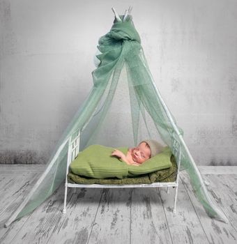 newborn baby in hat covered with green blanket sleeping on little bed with canopy