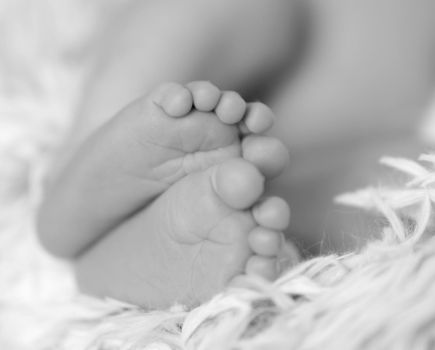 sweet feet of newborn baby on soft blanket, closeup, black and white photo