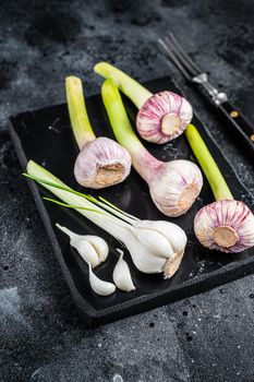 Raw Spring young garlic bulbs and cloves on marble board. Black background. Top view.