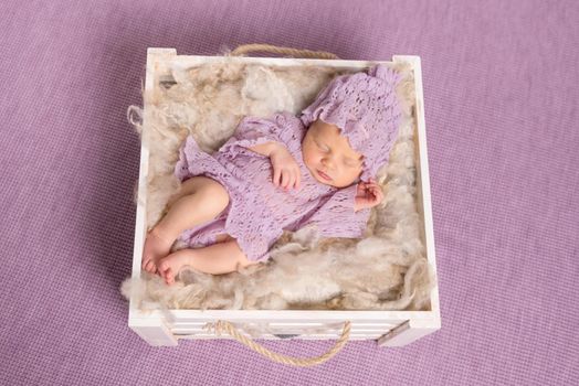 sweet newborn girl sleeping in square cot on violet background and cute hat with costume