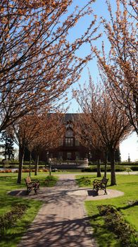 Luxurious residence of the former President of Ukraine Viktor Yanukovych on the shore of the pond. Luxurious house Honka in Mezhyhirya. Ukraine, Novye Petrovtsi - June 05, 2021