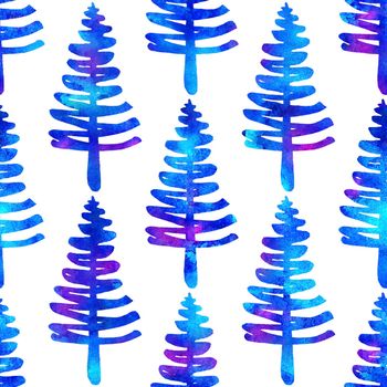 XMAS watercolour Fir Tree Seamless Pattern in Blue Color on white background. Hand-Painted Watercolor Spruce Pine tree wallpaper for Ornament, Wrapping or Christmas Decoration.