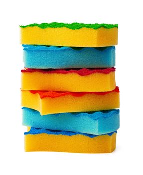 Stack of kitchen sponges isolated on white background, close up