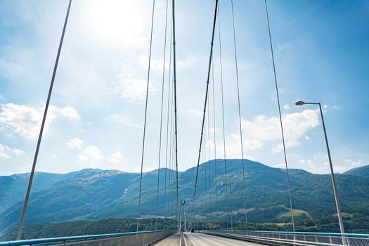 Hardanger Bridge. Hardangerbrua connecting two sides of Hardangerfjorden. Norway Hardangerfjord Hardanger bridge. newly built Hardangerbrua bridge close to Ulvik in Western Norway.