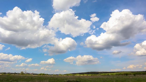 A field with a clear blue sky filled with white clouds in the background in bright sunny summer weather without wind or rain