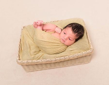 Wrapped from head to toe black-haired baby in a child's basket, resting with eyes opened