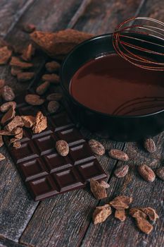 Preparation handmade chocolate candies. Ingredients for making chocolate - cocoa beans.