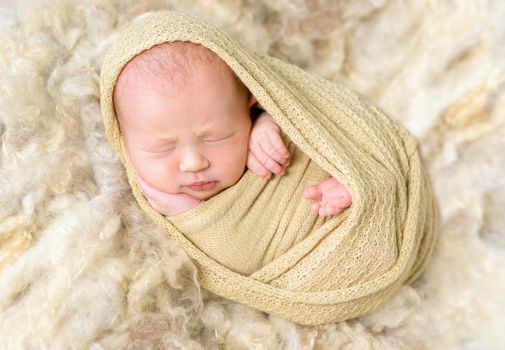 Little infant enveloped tightly with a warm blanket, resting on a furry surface, closeup