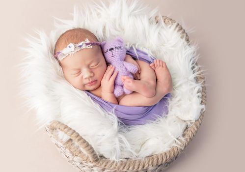 Sleepy newborn child in shaggy wool-covered basket with purple knitted toy, isolated