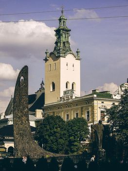 Narrow courtyards in the city, the old stone road. Street in the city of Lviv Ukraine