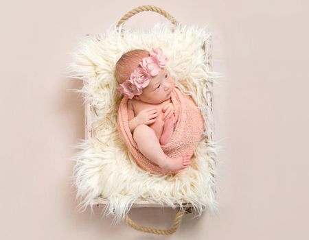 Lovely infant in a flowery hairband, wrapped with pink blanket, resting in a baset, topview
