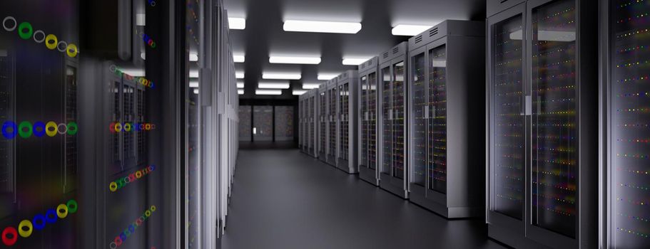 Servers racks in server room cloud data center. Datacenter hardware cluster. Backup, hosting, mainframe, mining, farm and computer rack with storage information. 3D rendering. 3D illustration