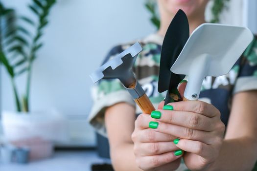 Woman holding gardening tools. Female gardener doing spring planting at home. Home plants. Indoor gardening. DIY