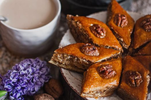 Assorted baklava. A Turkish ramadan arabic sweet dessert on a decorative plate, with coffee cup in the background. Middle eastern food baklava with nuts and honey syrup.